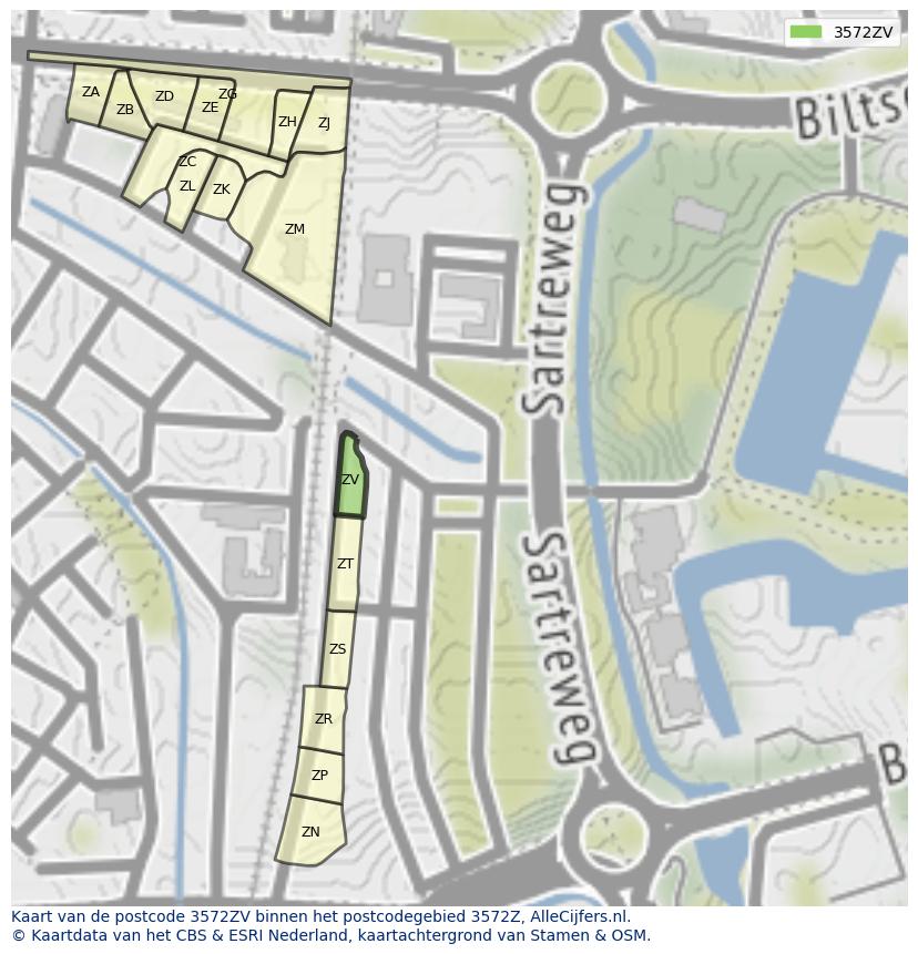 Afbeelding van het postcodegebied 3572 ZV op de kaart.