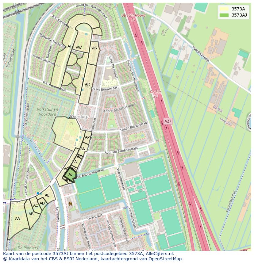 Afbeelding van het postcodegebied 3573 AJ op de kaart.