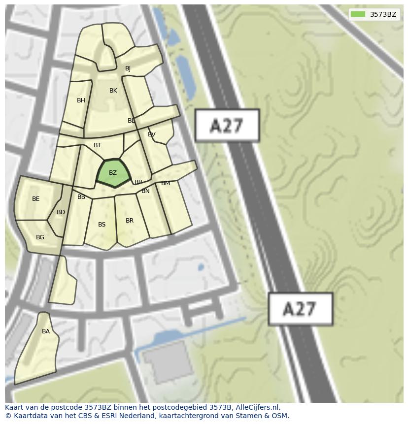 Afbeelding van het postcodegebied 3573 BZ op de kaart.