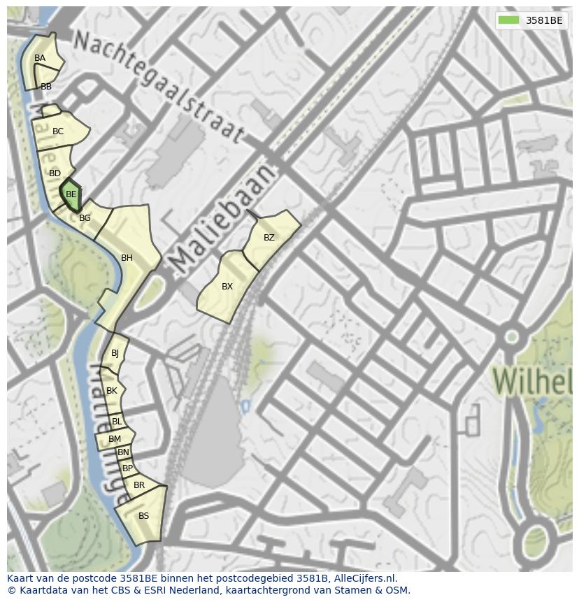 Afbeelding van het postcodegebied 3581 BE op de kaart.