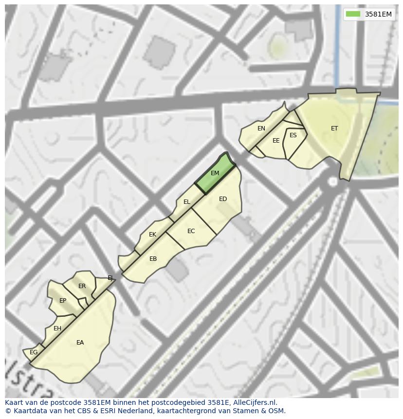 Afbeelding van het postcodegebied 3581 EM op de kaart.