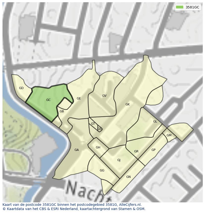 Afbeelding van het postcodegebied 3581 GC op de kaart.