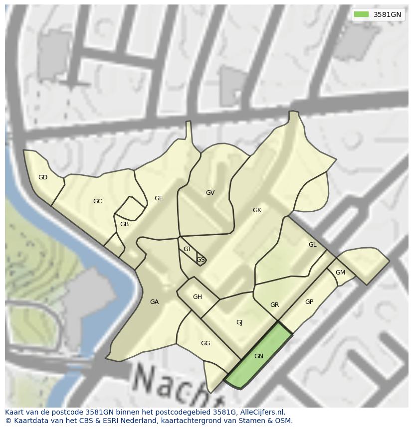 Afbeelding van het postcodegebied 3581 GN op de kaart.