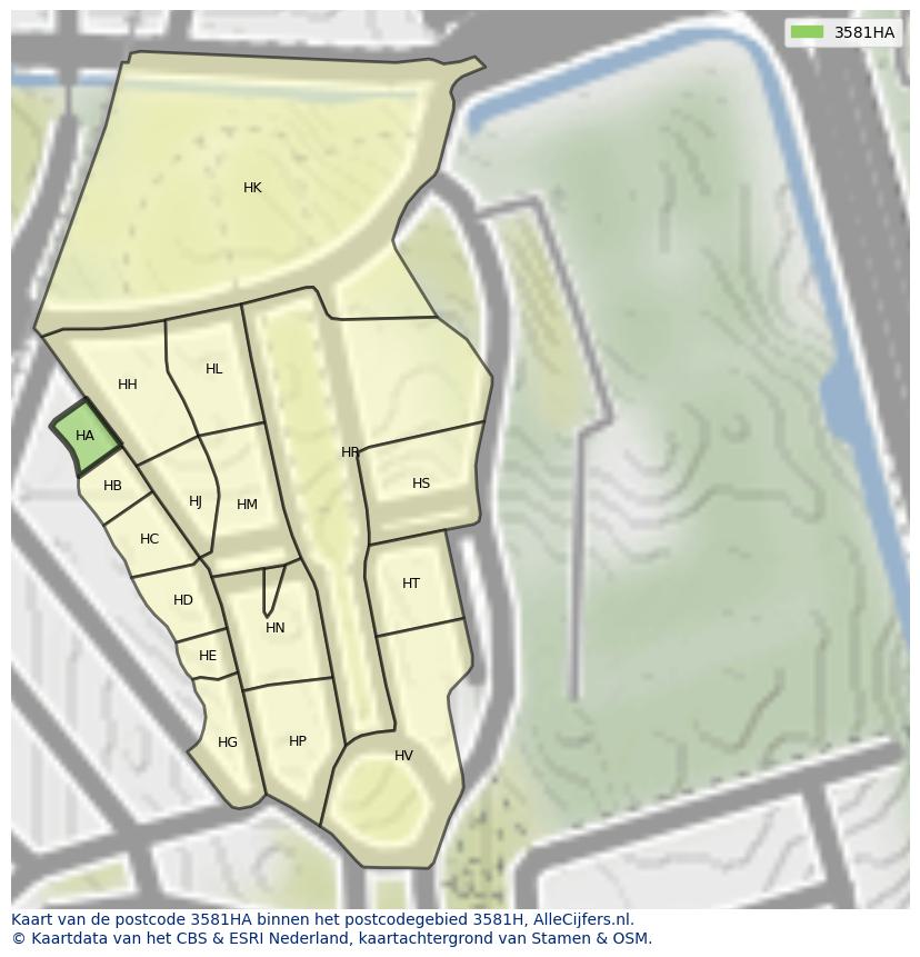 Afbeelding van het postcodegebied 3581 HA op de kaart.