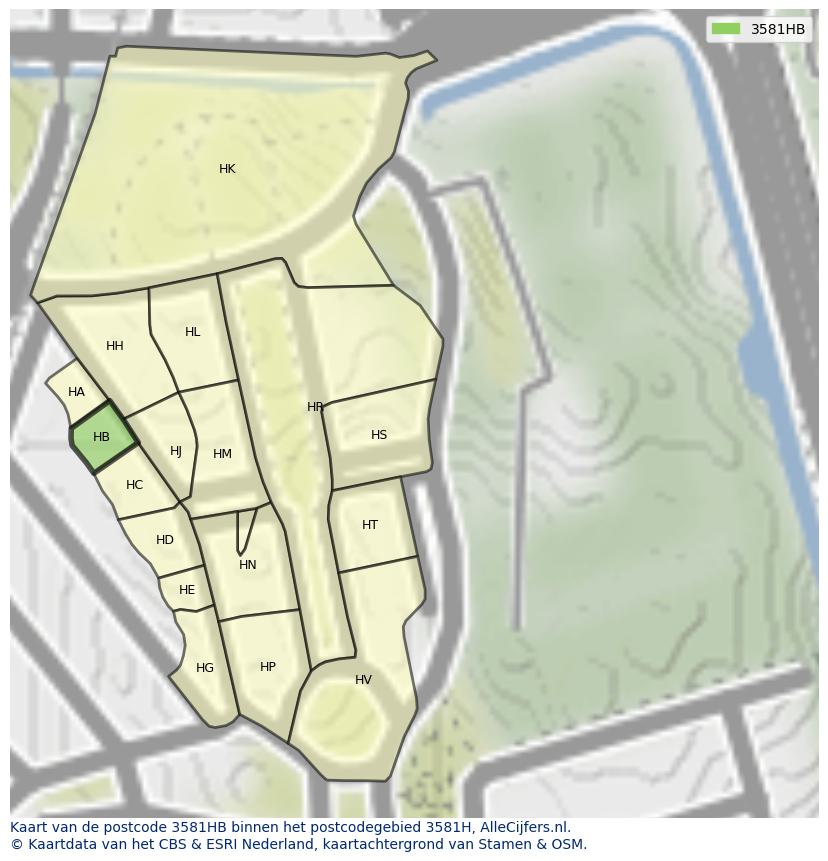 Afbeelding van het postcodegebied 3581 HB op de kaart.