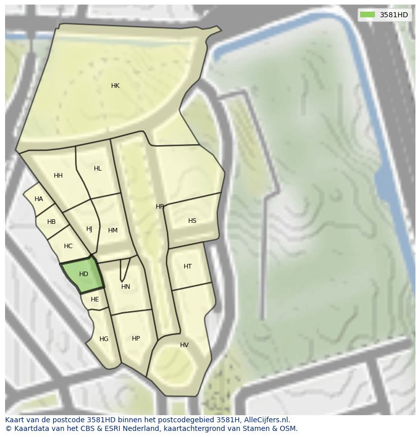 Afbeelding van het postcodegebied 3581 HD op de kaart.
