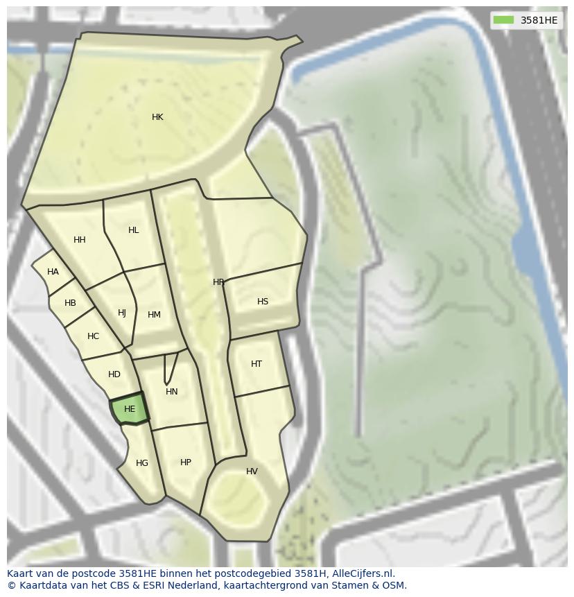 Afbeelding van het postcodegebied 3581 HE op de kaart.