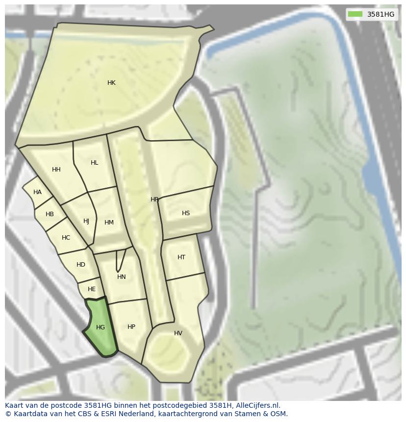 Afbeelding van het postcodegebied 3581 HG op de kaart.