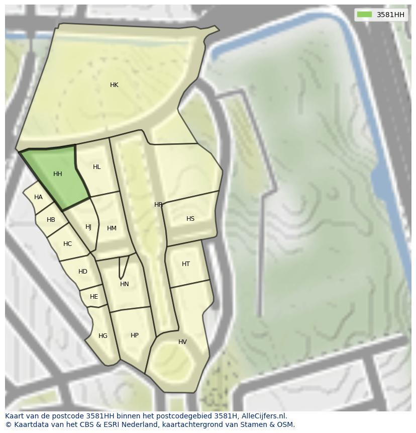 Afbeelding van het postcodegebied 3581 HH op de kaart.