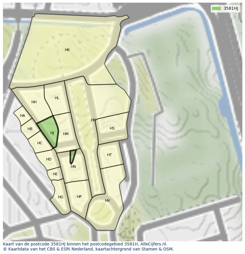 Afbeelding van het postcodegebied 3581 HJ op de kaart.