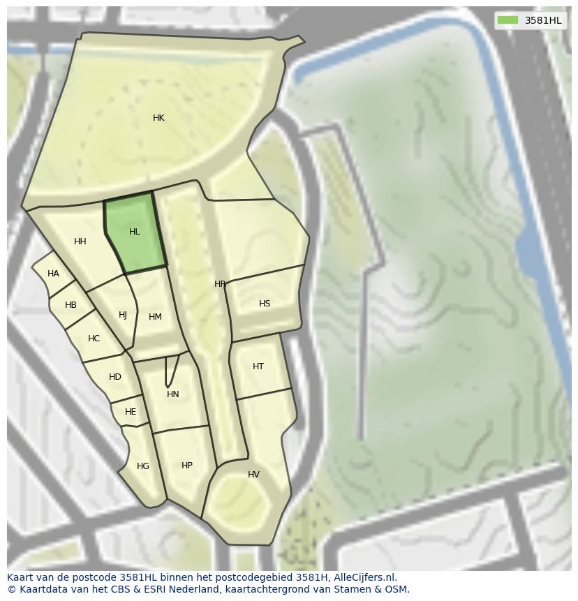 Afbeelding van het postcodegebied 3581 HL op de kaart.