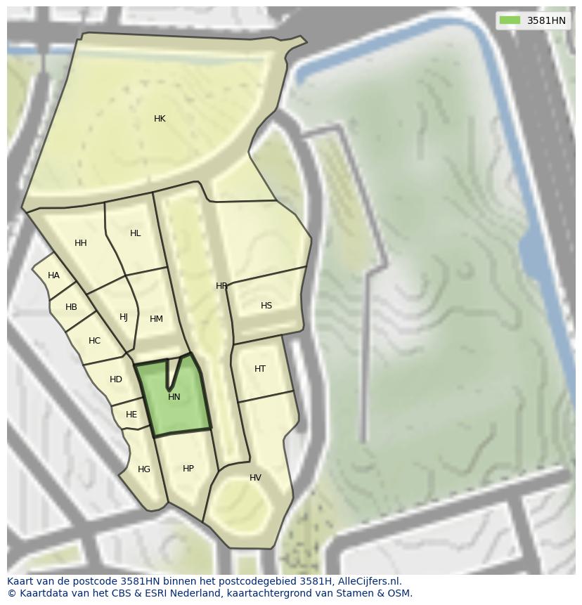 Afbeelding van het postcodegebied 3581 HN op de kaart.