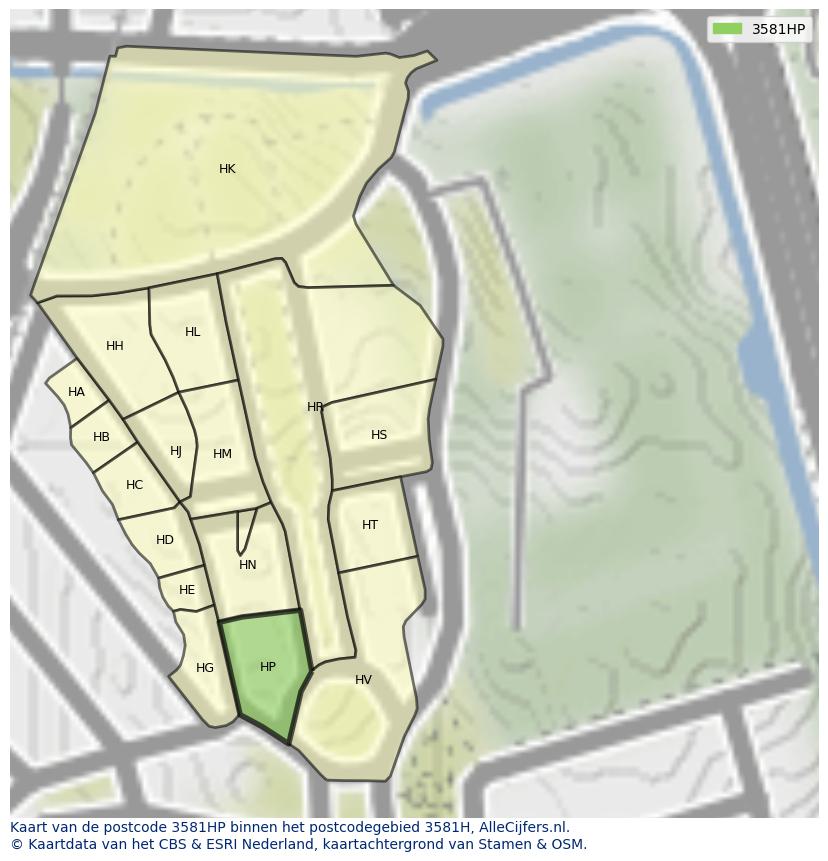 Afbeelding van het postcodegebied 3581 HP op de kaart.