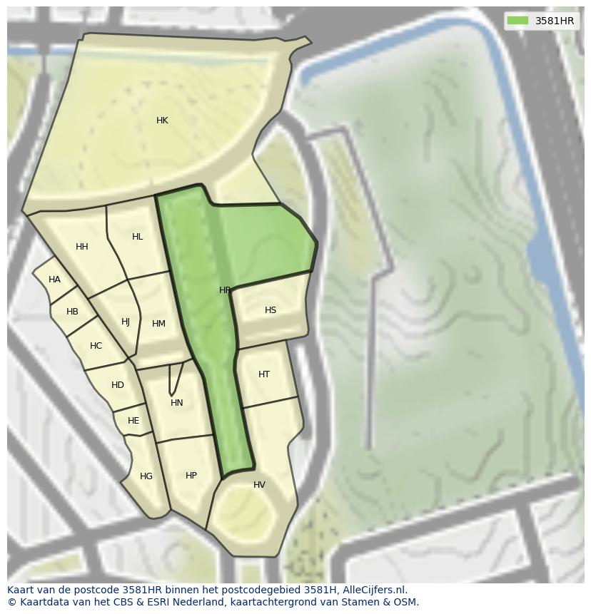 Afbeelding van het postcodegebied 3581 HR op de kaart.