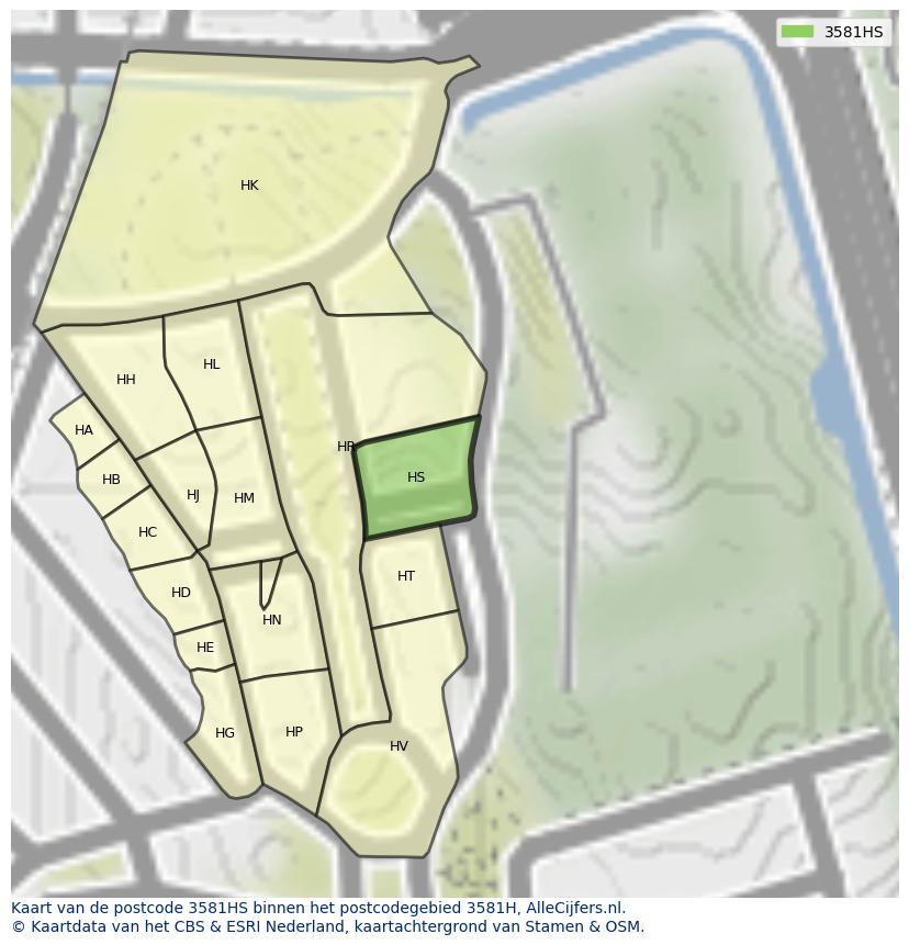 Afbeelding van het postcodegebied 3581 HS op de kaart.