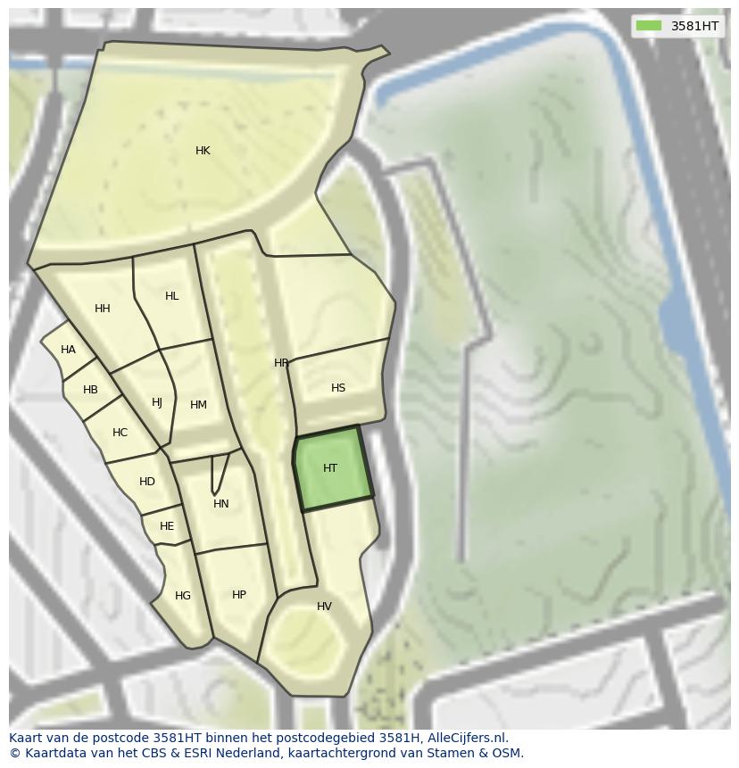 Afbeelding van het postcodegebied 3581 HT op de kaart.