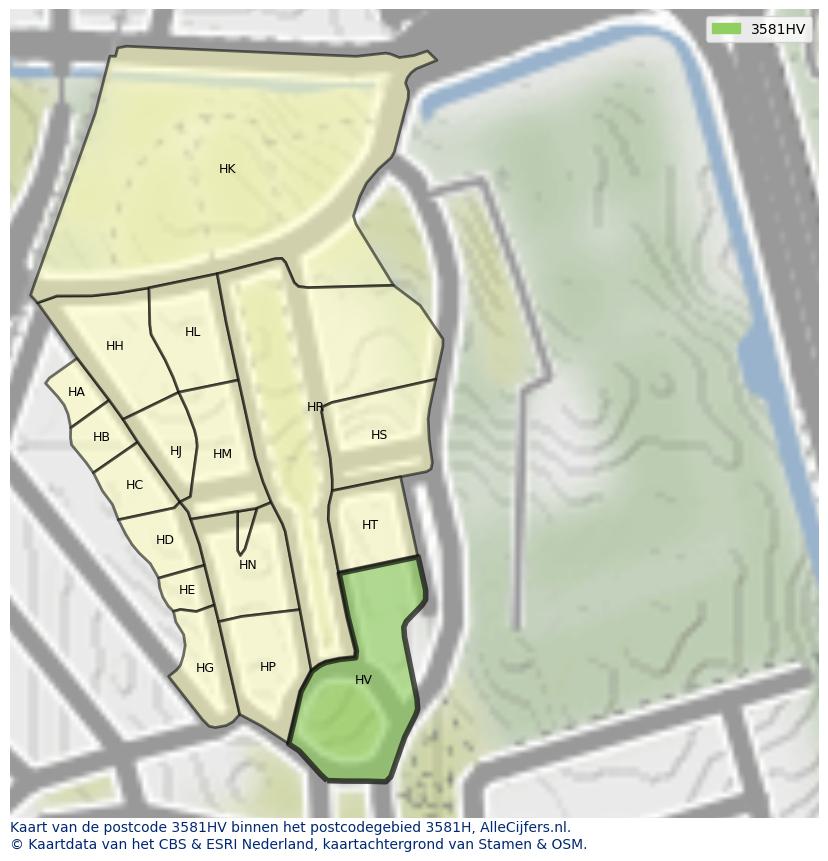Afbeelding van het postcodegebied 3581 HV op de kaart.