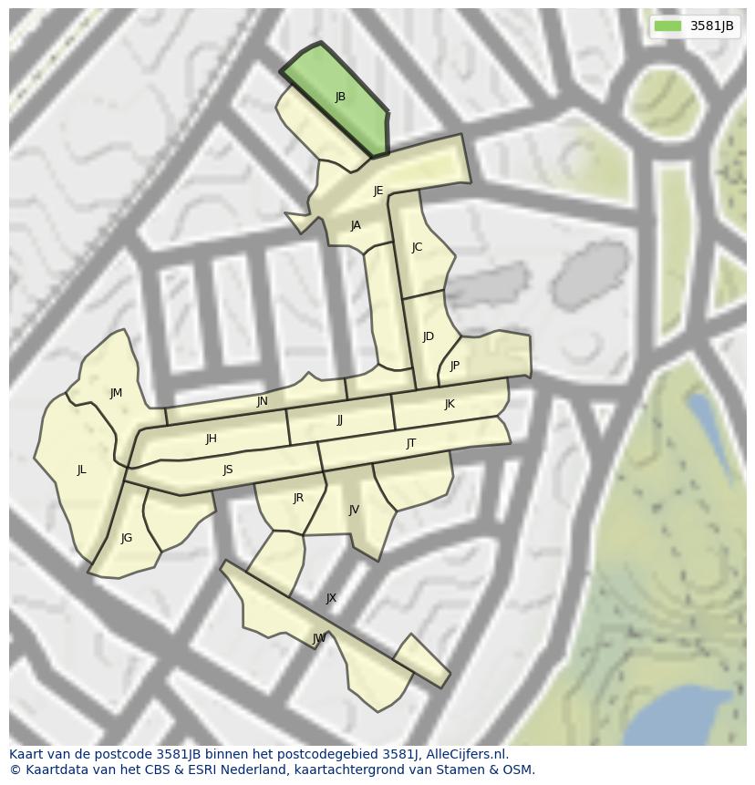 Afbeelding van het postcodegebied 3581 JB op de kaart.