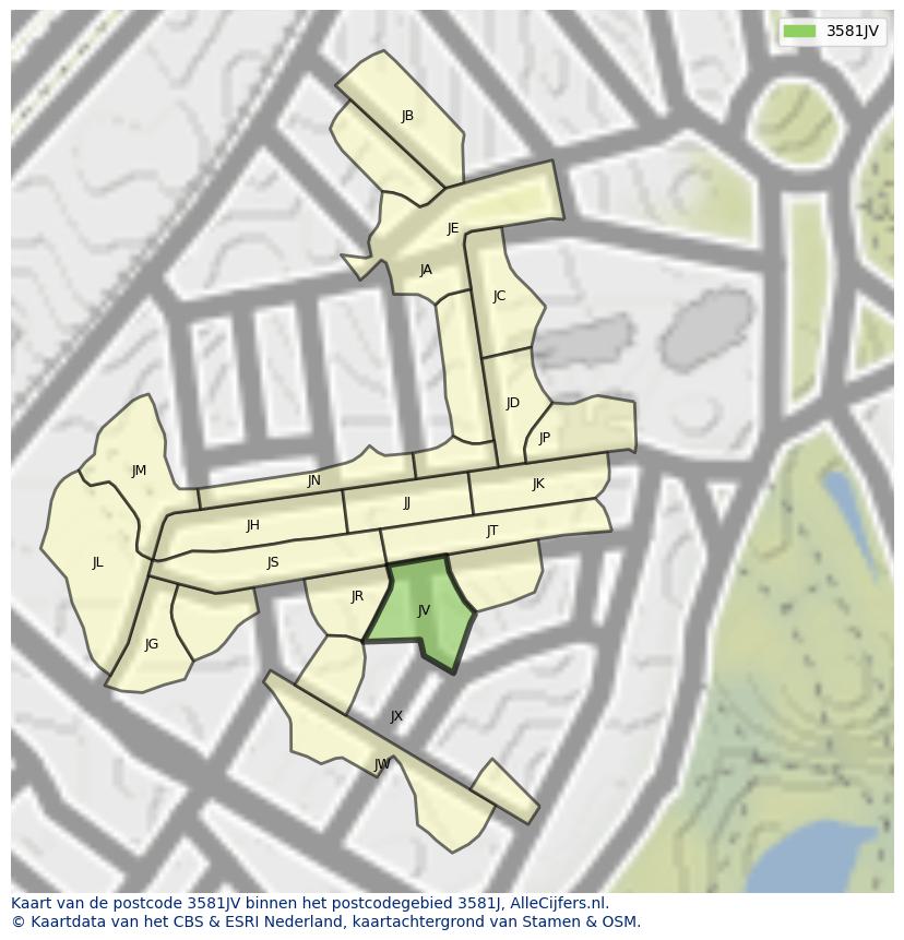 Afbeelding van het postcodegebied 3581 JV op de kaart.