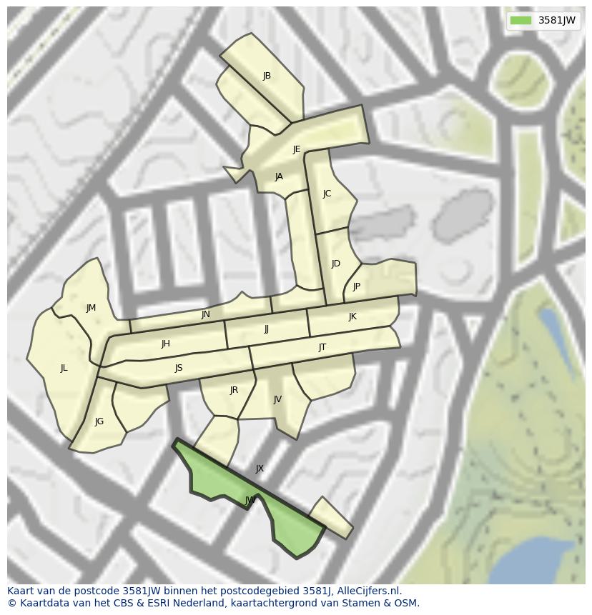 Afbeelding van het postcodegebied 3581 JW op de kaart.