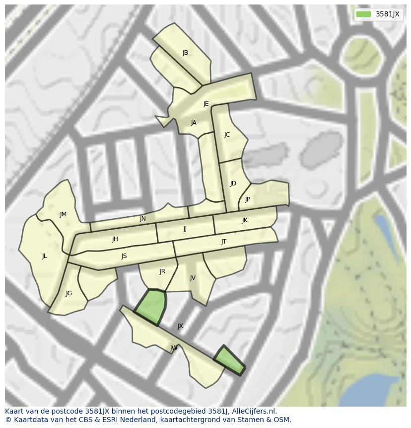 Afbeelding van het postcodegebied 3581 JX op de kaart.