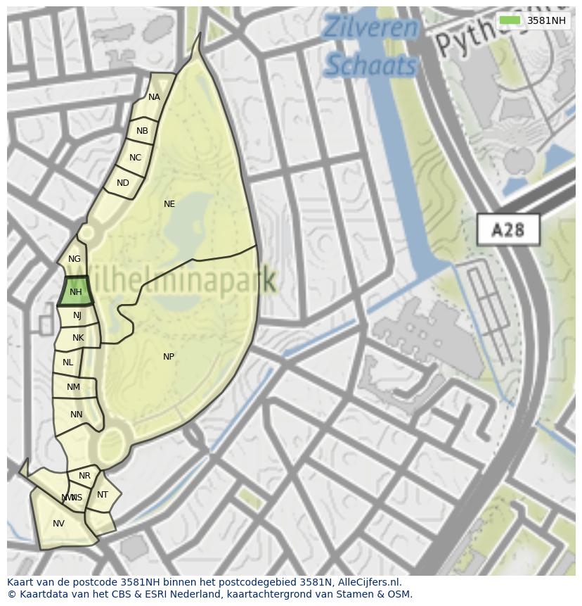 Afbeelding van het postcodegebied 3581 NH op de kaart.