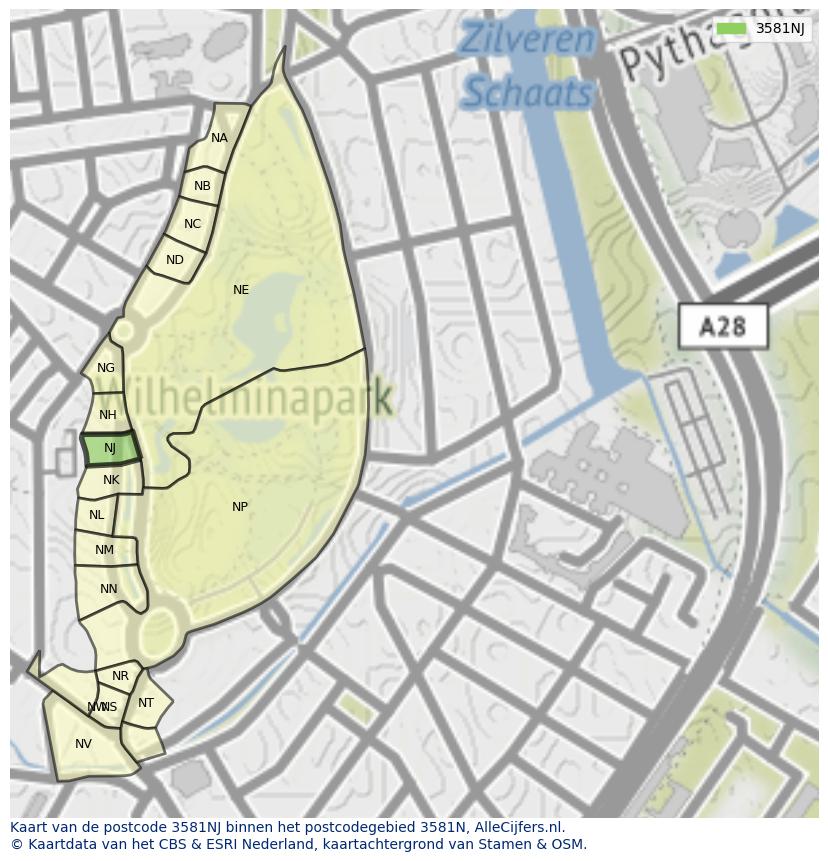 Afbeelding van het postcodegebied 3581 NJ op de kaart.