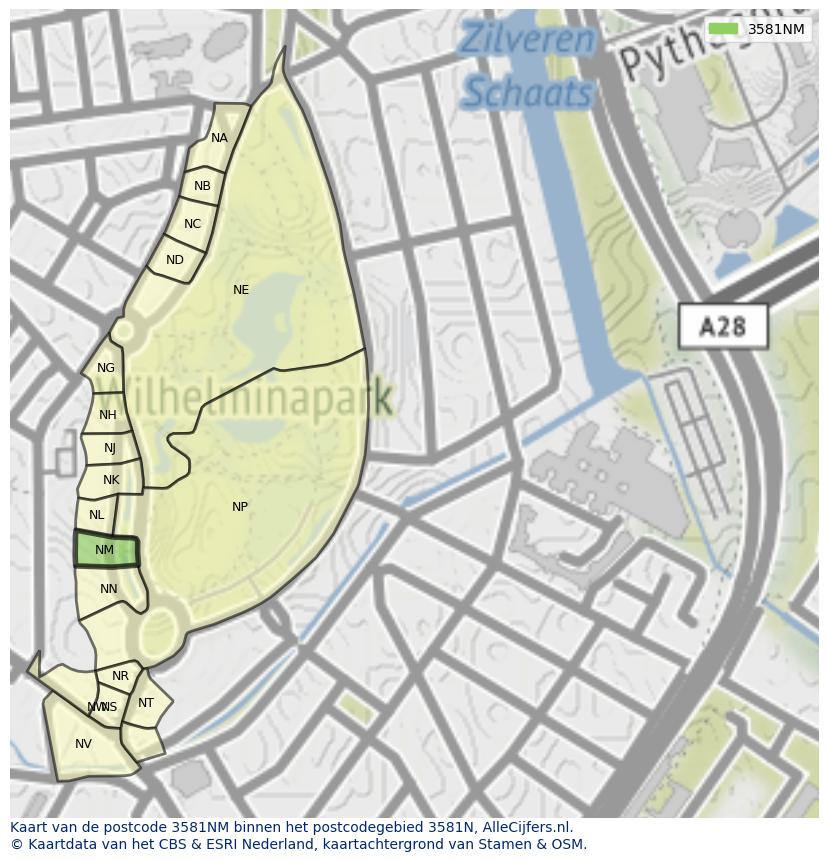 Afbeelding van het postcodegebied 3581 NM op de kaart.