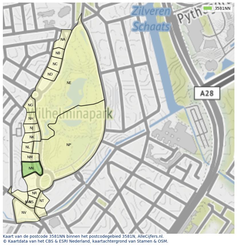 Afbeelding van het postcodegebied 3581 NN op de kaart.