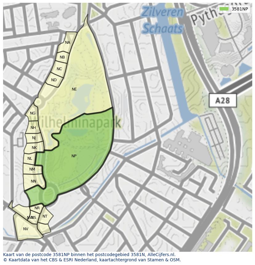 Afbeelding van het postcodegebied 3581 NP op de kaart.