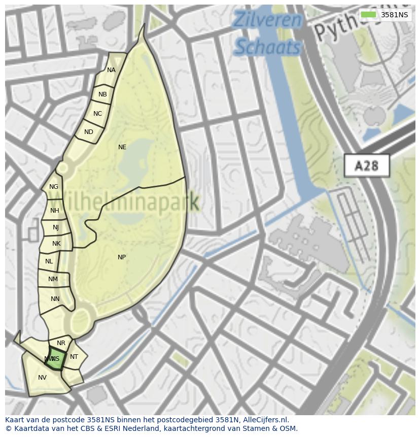 Afbeelding van het postcodegebied 3581 NS op de kaart.
