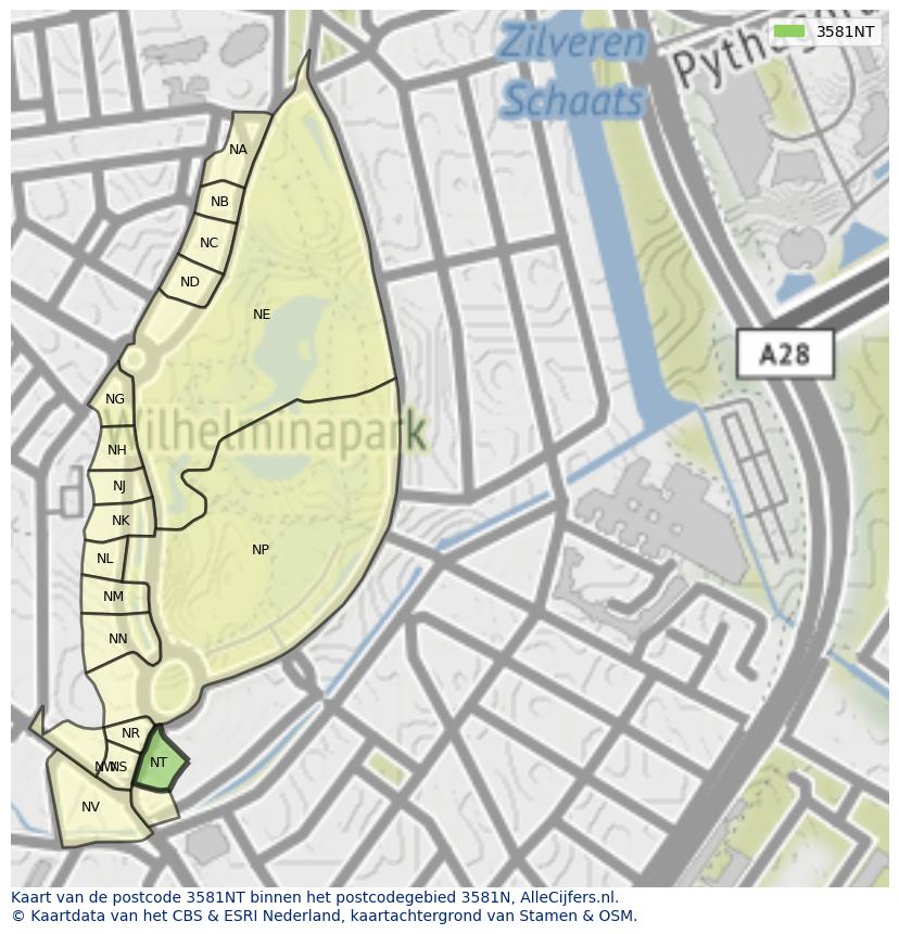 Afbeelding van het postcodegebied 3581 NT op de kaart.
