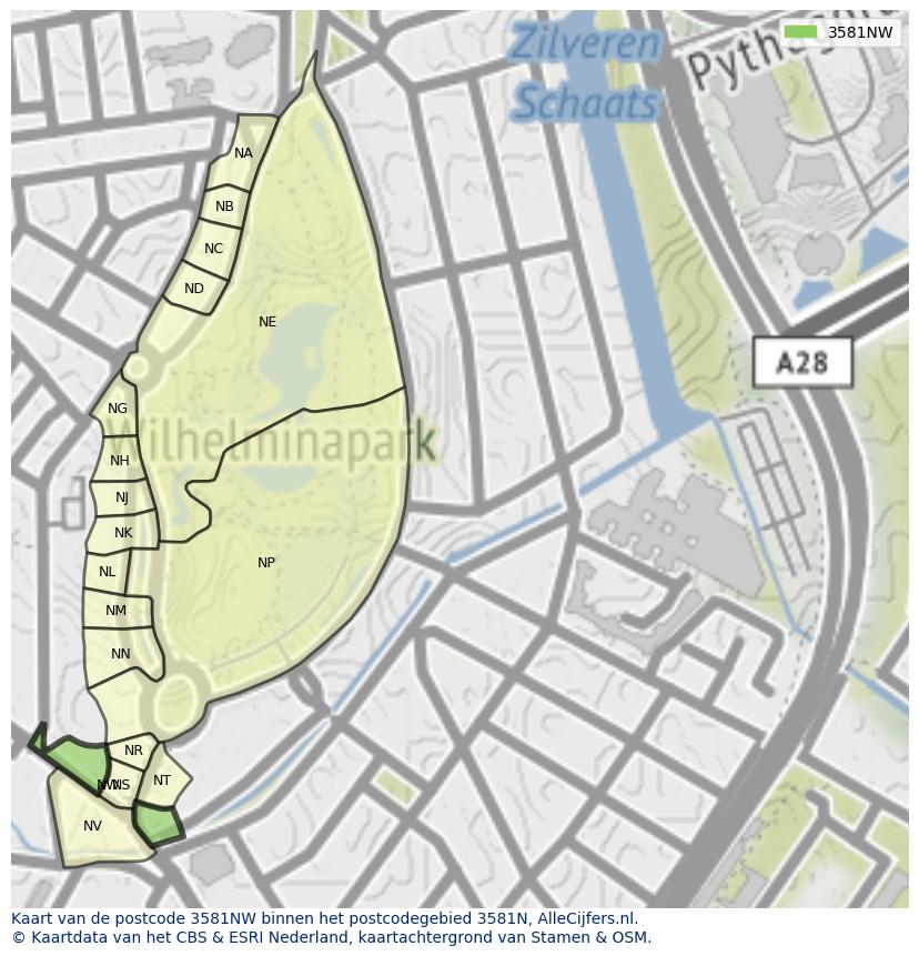 Afbeelding van het postcodegebied 3581 NW op de kaart.