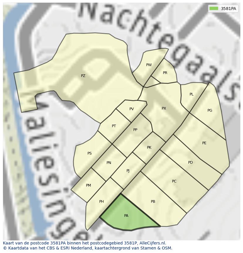Afbeelding van het postcodegebied 3581 PA op de kaart.