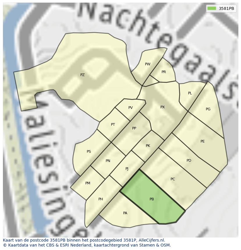 Afbeelding van het postcodegebied 3581 PB op de kaart.