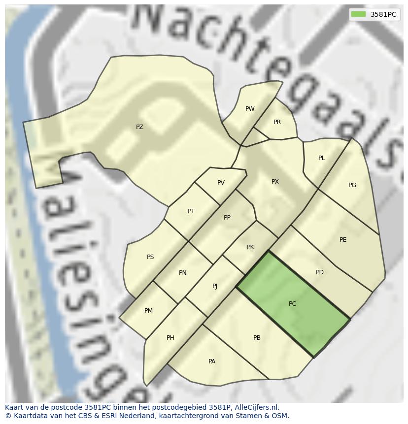 Afbeelding van het postcodegebied 3581 PC op de kaart.