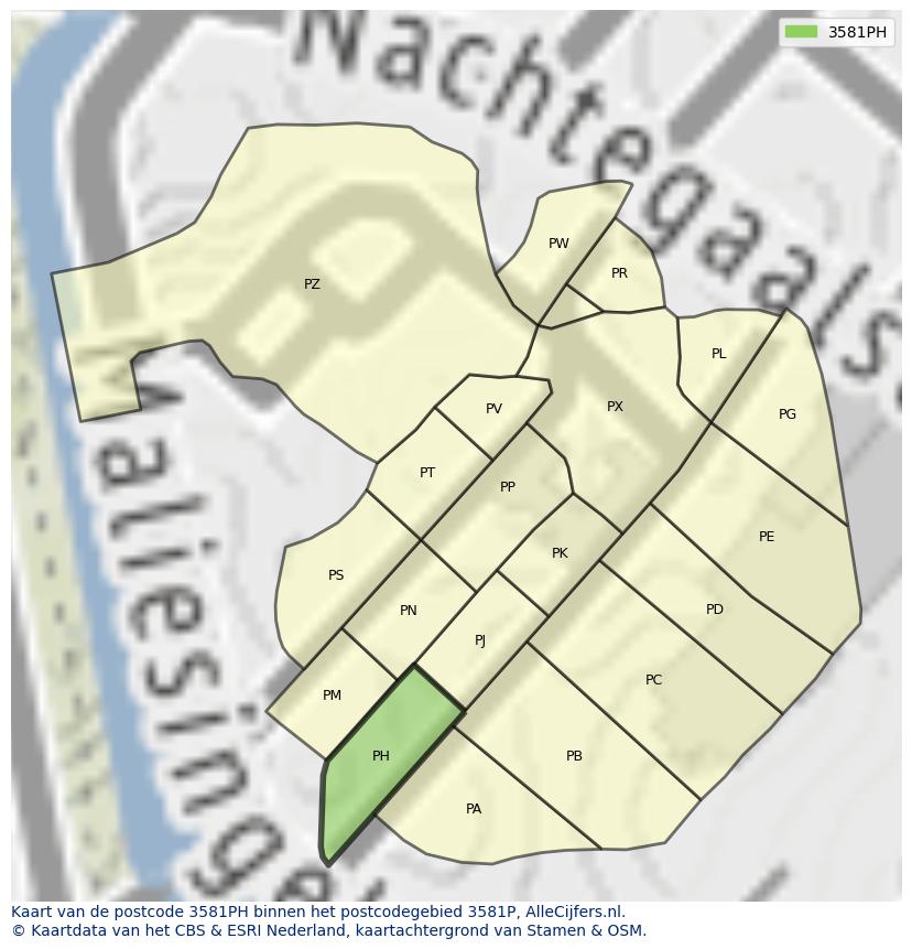 Afbeelding van het postcodegebied 3581 PH op de kaart.