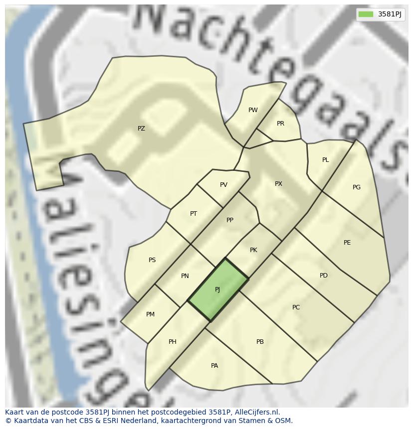 Afbeelding van het postcodegebied 3581 PJ op de kaart.