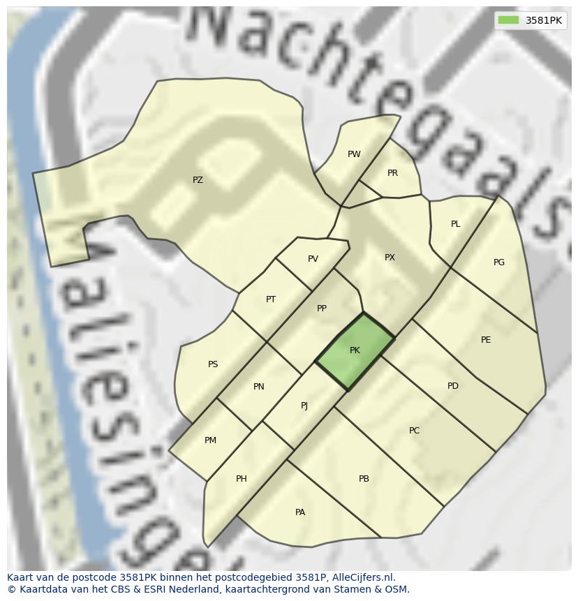 Afbeelding van het postcodegebied 3581 PK op de kaart.