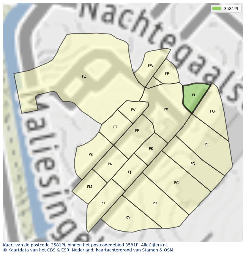 Afbeelding van het postcodegebied 3581 PL op de kaart.
