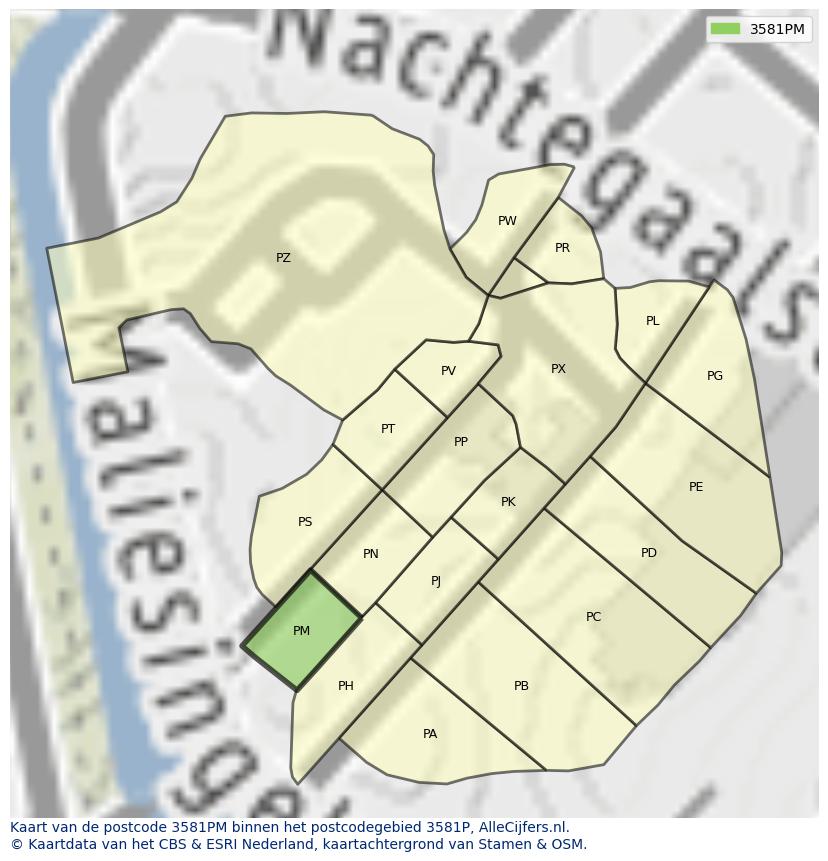 Afbeelding van het postcodegebied 3581 PM op de kaart.