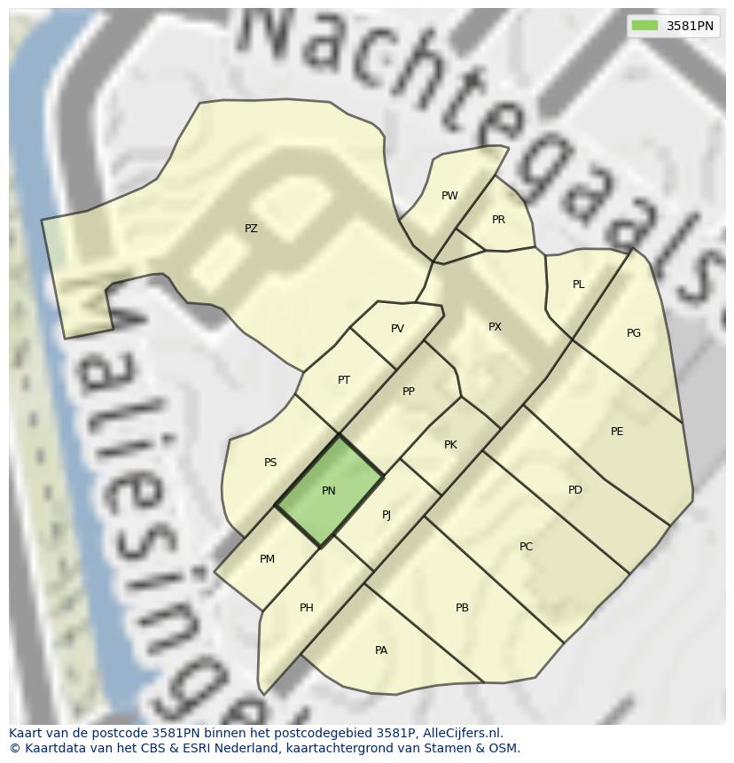 Afbeelding van het postcodegebied 3581 PN op de kaart.