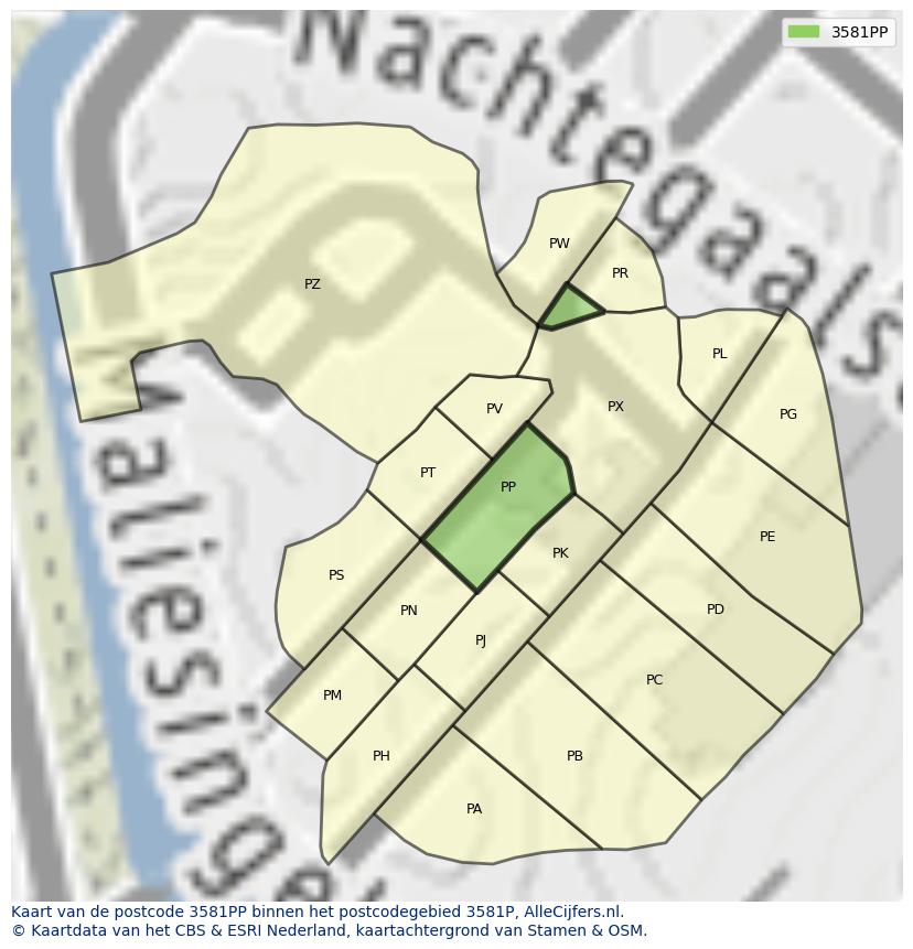 Afbeelding van het postcodegebied 3581 PP op de kaart.