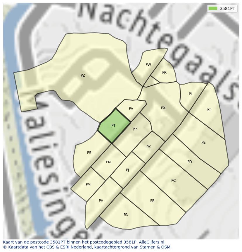 Afbeelding van het postcodegebied 3581 PT op de kaart.
