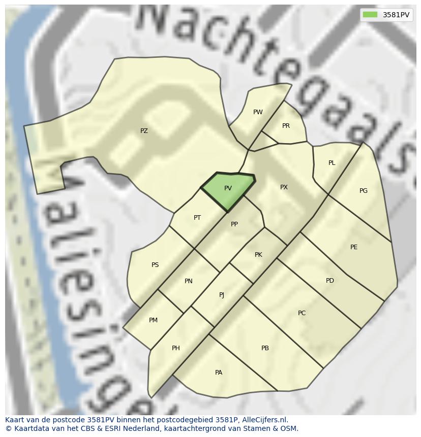 Afbeelding van het postcodegebied 3581 PV op de kaart.