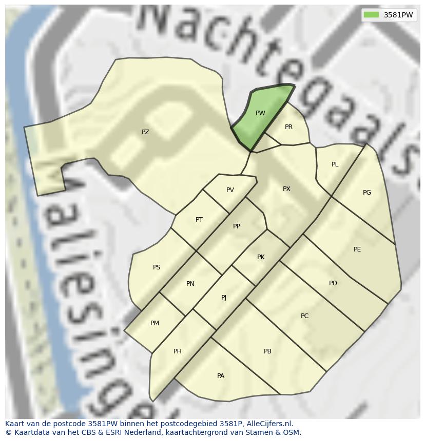 Afbeelding van het postcodegebied 3581 PW op de kaart.