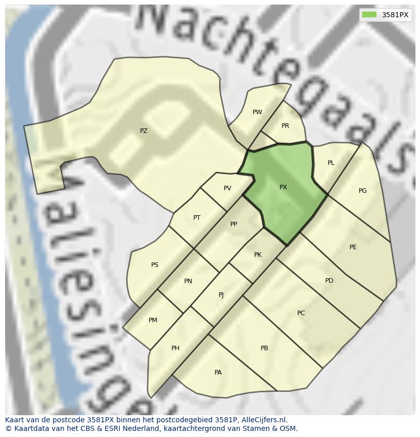 Afbeelding van het postcodegebied 3581 PX op de kaart.