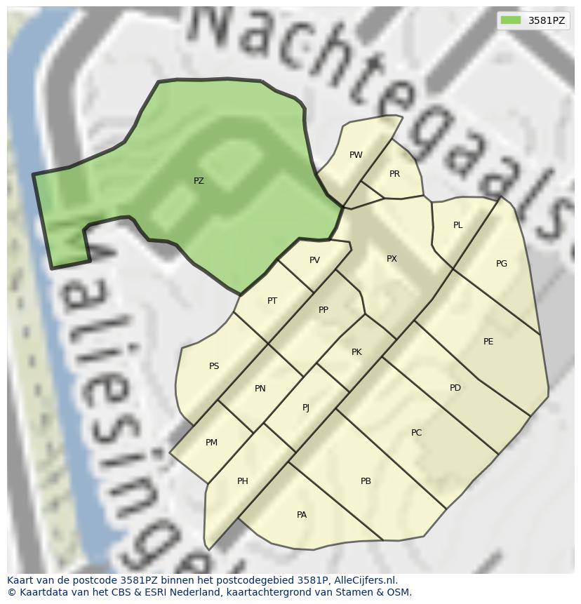 Afbeelding van het postcodegebied 3581 PZ op de kaart.