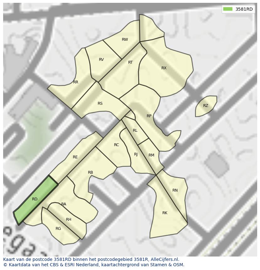 Afbeelding van het postcodegebied 3581 RD op de kaart.