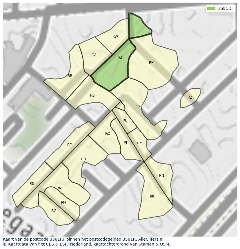 Afbeelding van het postcodegebied 3581 RT op de kaart.